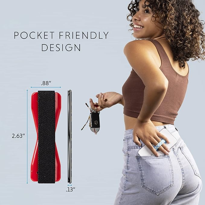 Universal Grip for Most Smartphones, Mini Tablets and Cases, Black Elastic Strap with Red Base, LH-01Red