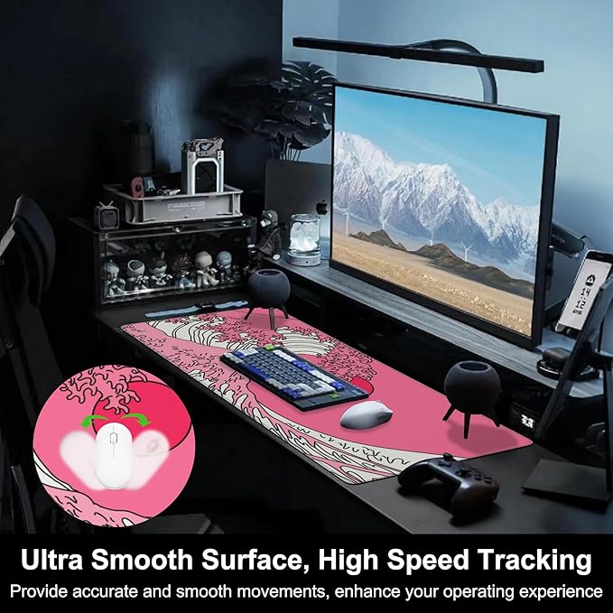 Mouse Pad, Large Great Wave in Vaporwave Pop Art Desk Mat, Extended Non-Slip Gaming Keyboard Mousepad Desk Pad, Thick Stitched Edges Waterproof Mouse Mat 31.5"x15.7" (Ocean's Crest Leap)
