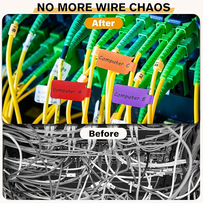 36Pcs Large Cable Labels - 8 Colors Reusable Write-On Wire Labels Tags, Cord Identification Labels for Electronics, with 40Pcs Label Stickers, Cable Management for Home, Office, Rectangle