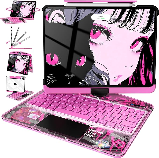Intermerge Clear Keyboard Case for iPad Air 11" (M3/M2, 2025/2024), Air 5th/4th, Pro 11" 2022-2018, 360° Swivel Multi-Touch Trackpad, 7-Color Backlit, Pencil Holder, Type-C, Blush Pulse