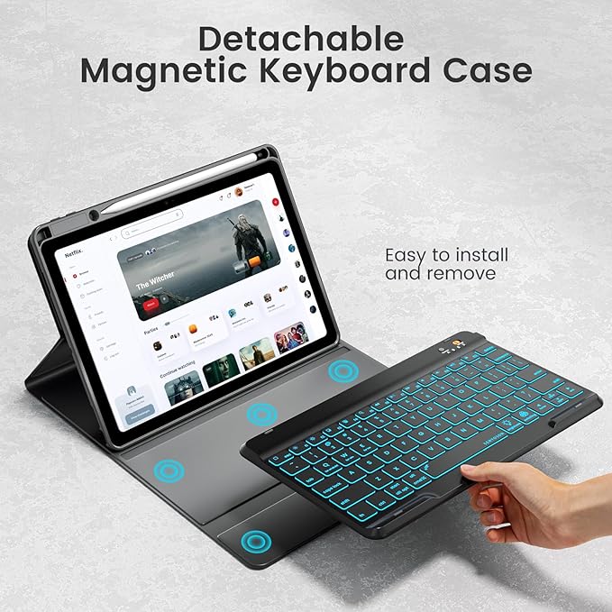 OYEEICE Keyboard Case for iPad Pro 12.9 inch (6th, 5th, 4th Gen) & New Air 13 inch M2, 7 Color Backlit Detachable Wireless Keyboard, Auto Sleep/Wake Cover with Pencil Holder (2022 2021 2020) - Black