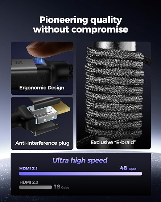 Silkland Certified HDMI 2.1 Cable, [4K@240Hz 144Hz 120Hz, 8K@60Hz] 1440P Ultra High Speed HDMI Cable 48Gbps (Upgrade Braided), HDR10+, eARC, HDCP 2.3, Compatible for Xbox/PS5/PS4/Roku TV-6.6ft