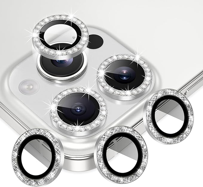 AGVEE 3+3 6 Pack for iPhone 16 Pro 6.3" / 16 Pro Max 6.9" Camera Lens Cover Protector, Bling Diamond & Bling Glitter Metal Ring 9H Tempered HD Glass Camera Cover Protector Film, Bling-Silver