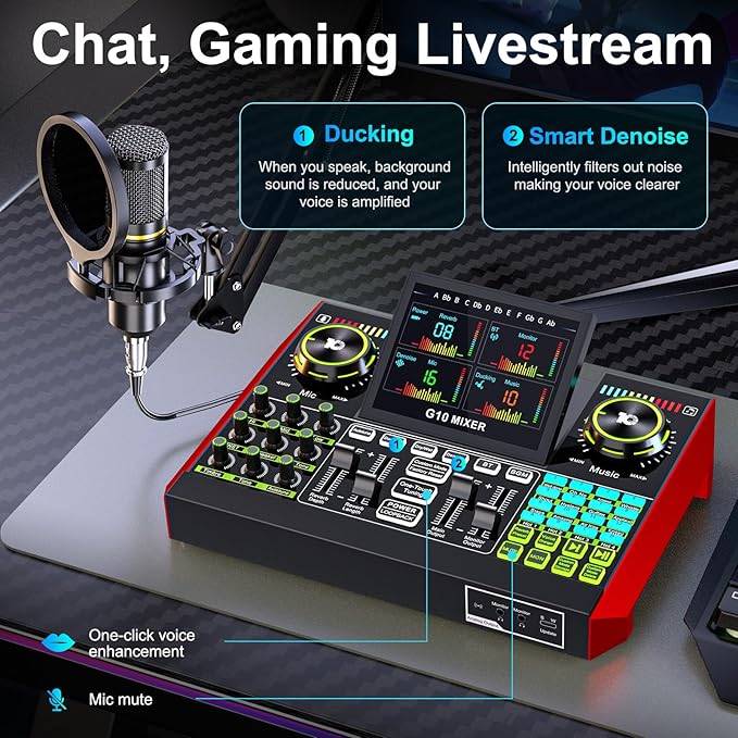 Podcast Equipment Bundle with 3.5mm Condenser Microphone for Pc/Phone Live Streaming Singing Gaming, Podcast Microphone Bundle with Live Sound Card Audio Mixer,Voice Changer, Denoise,DJ Sets
