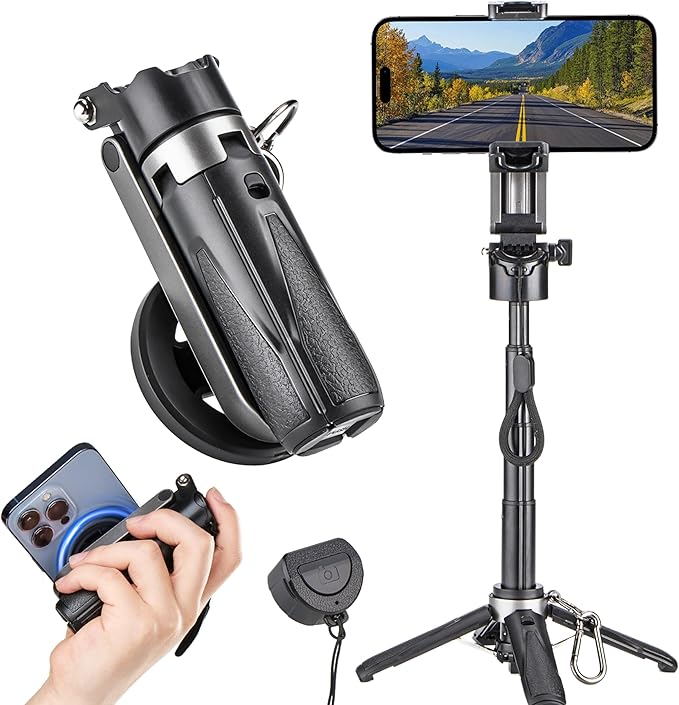 MQOUNY for Magsafe Tripod Stand for iPhone,Portable Pocket Size Selfie Stick with Rechargeable Remote and Metal Ring,Extendable Detachable Cell Phone Tripod Compatible with iPhone/Android