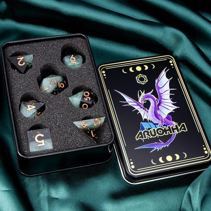 ARUOHHA Sharp Edges Dice Set DND Handmade Resin Dice with Gift Box, 7 Pcs Glitter Inclusions Polyhedral Dice RPG Role Playing Games D and D Dice with Box