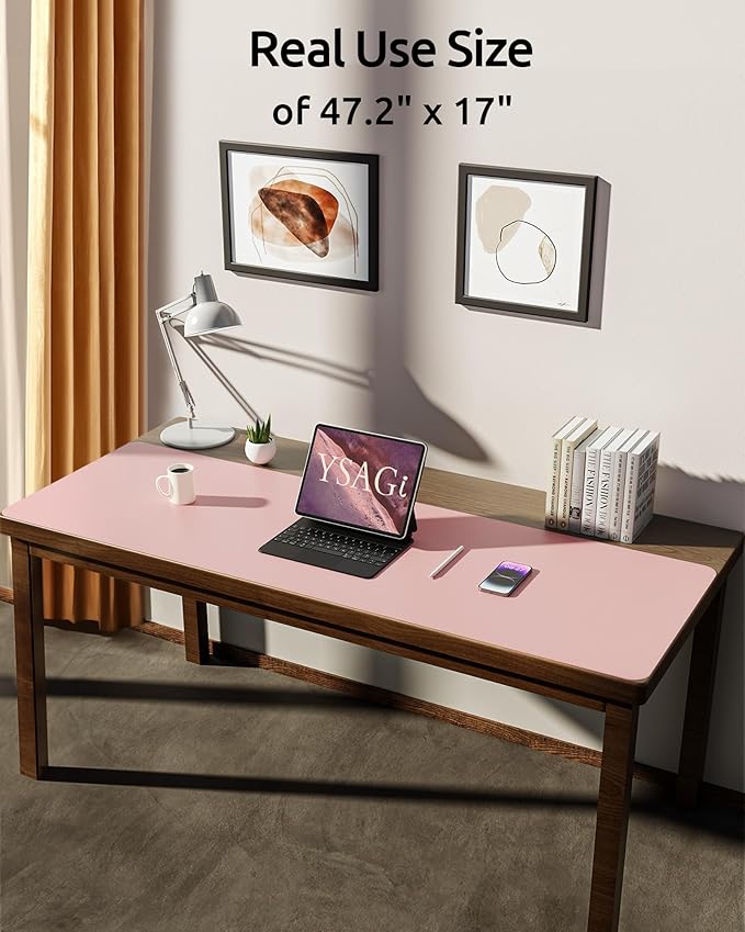 YSAGi Leather Desk Pad Protector, Office Desk Mat, Large Mouse Pad, Non-Slip PU Leather Desk Blotter, Laptop Desk Pad, Waterproof Desk Writing Pad for Office and Home (Light Pink, 47" x 17")
