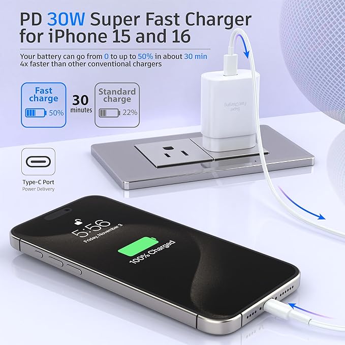 Phone 15 16 Charger, 30W Super Fast Charging, USB C Block Type C Cable Cord 6.6ft for iPhone iPhone 16,16 Plus,16 Pro,16 Pro Max, iPhone15, iPad Pro 12.9/11, Samsung Galaxy S24,S23-2Pack