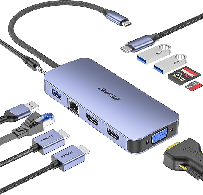 BENFEI 11-in-1 USB C Hub Triple Display Docking Station Dual HDMI, VGA, 3*USB 3.0, 1Gbps Ethernet, 100W Power Delivery, SD/TF Card Reader, 3.5mm AUX Audio Compatible with MacBook XPS Surface