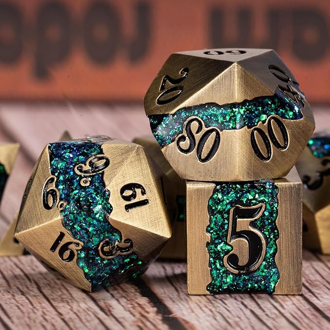Metal RPG Dice Set,Mica Glitter Stripe Dice DND,Antique Bronze Dice 7pcs Set for Dungeons and Dragons