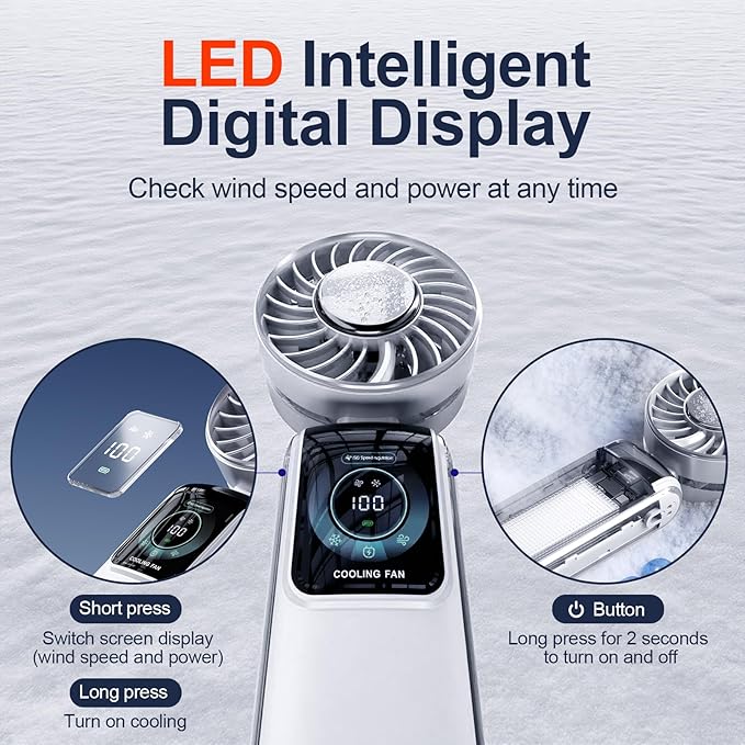 Blows Cold Air Portable Handheld Fan with Stand & Lanyard, 5000mAh USB-C Rechargeable Battery, 12H/5-Speed LED Display Mini Fan for Travel Beach Cruise Concerts Outdoor Events(White)