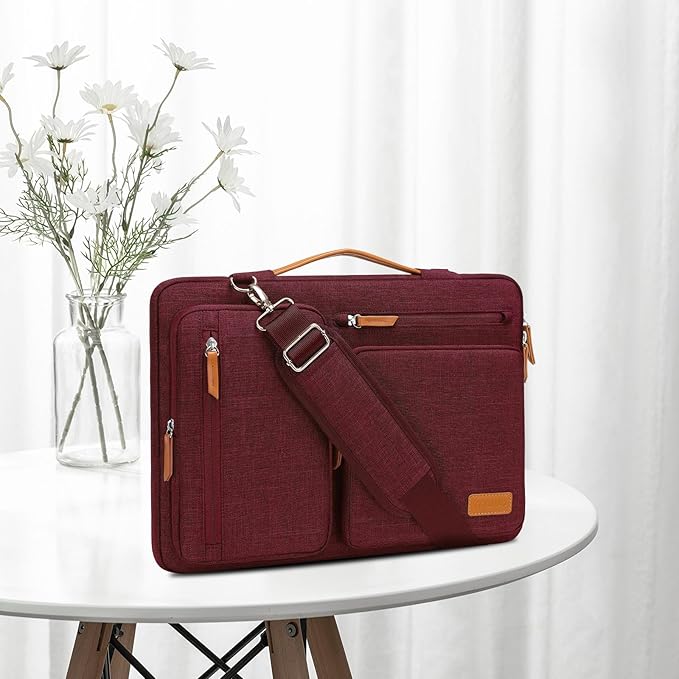MOSISO 360 Protective Laptop Shoulder Bag,15 inch Computer Bag Compatible with MacBook Air M4 M3 M2/Pro A1990 A1707, Dell XPS Plus,Side Open Messenger Bag with 4 Zipper Pockets&Handle, Wine Red