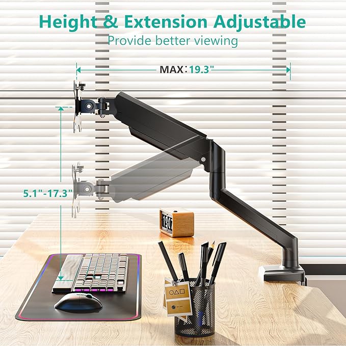 WALI Single Monitor Mount, Gas Spring Monitor Arm for 17-34 inch Screens, Adjustable Computer Monitors Stand up to 26.4lbs, with Clamp and Grommet Base, Mounting Holes 75 and 100mm (GSMP001N), Black