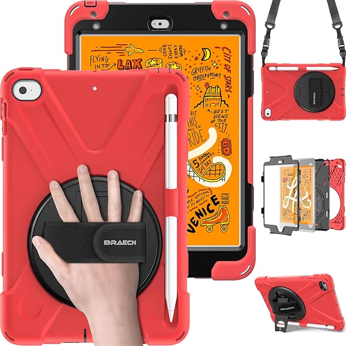 BRAECN iPad mini 5 Case,iPad mini 4 Case, Heavy Duty Shockproof Protective Rugged Case with Pencil Holder,Hand Strap,Kickstand, Shoulder Strap for iPad mini 5th/4th Generation 7.9 Inch for Kids