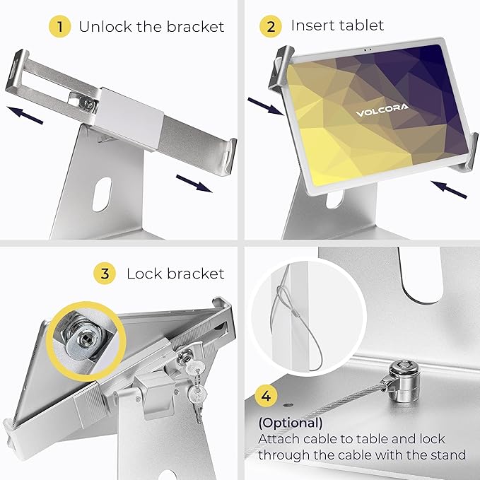 Volcora Anti-Theft Tablet Stand iPad Security Holder with Lock, Silver 10-13 Inch Kiosk Stand Mount, Swivel, Adjustable, for iPad Pro, Air, POS Register, Retail Business, Checkout, Cashier