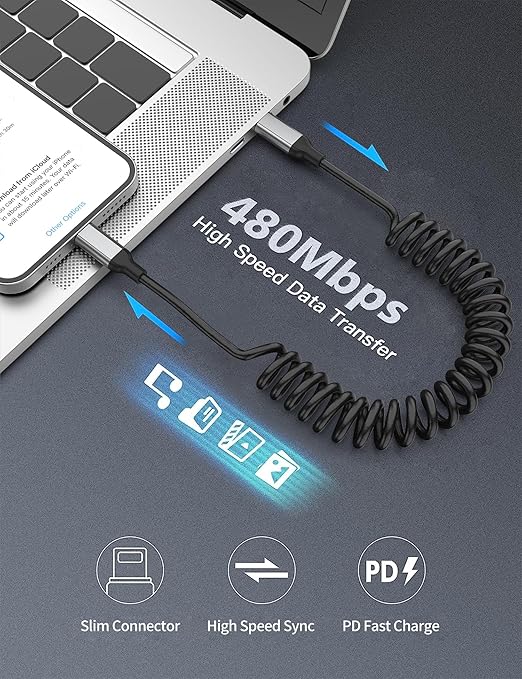 Coiled USB C to Lightning Cable 2 Pack, [MFi Certified] Retractable USB C iPhone Charger PD Fast Charging for Car, Short Type C to Apple CarPlay Cord for iPhone 14 13 12 11 Pro Max XR XS 8 SE iPad
