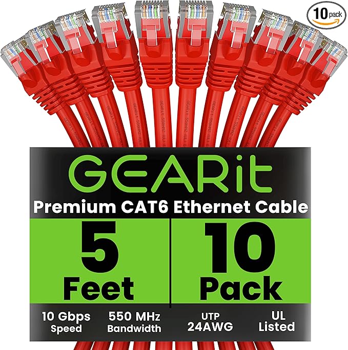 GearIT Cat 6 Ethernet Cable (10-Pack 5 Feet) Cat6 Network Patch, 10Gbps, RJ45, Snagless Cord, Gold-Plated Connectors, Internet for PC, TV, Tablet, Router, Printer, Servers, IT Data Center - Red