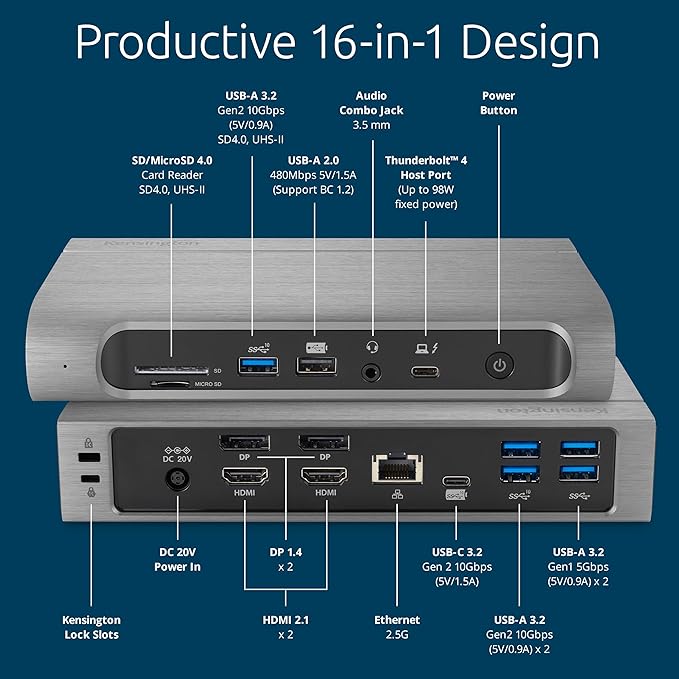 Kensington SD5800T Thunderbolt 4 and USB4 Quad 4K Display Docking Station, 100W Charging, 2 x HDMI, 2 x DP, 2.5G Ethernet, Card Readers, for Windows/MacOS (K32856NA)