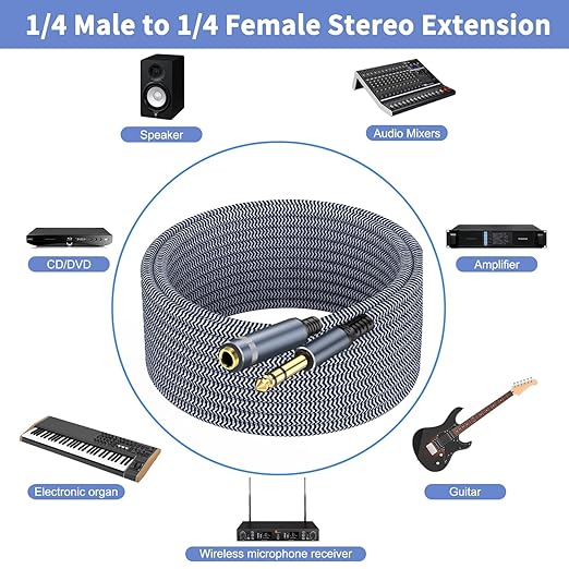 1/4 inch Extension Cable 1.5ft, 1/4" inch Male to Female Stereo Headphone Guitar Extension Cable