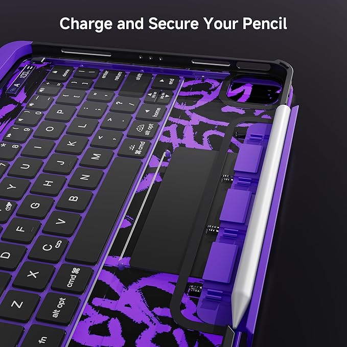 Keyboard Case for 12.9 inch iPad Pro 6/5/4/3rd Gen & 13 inch iPad Air (2025 M3, 2024 M2) Wireless Keyboard with Trackpad 7 Color Backlit, Transparent Protective Cover with Pencil Holder (Purple)