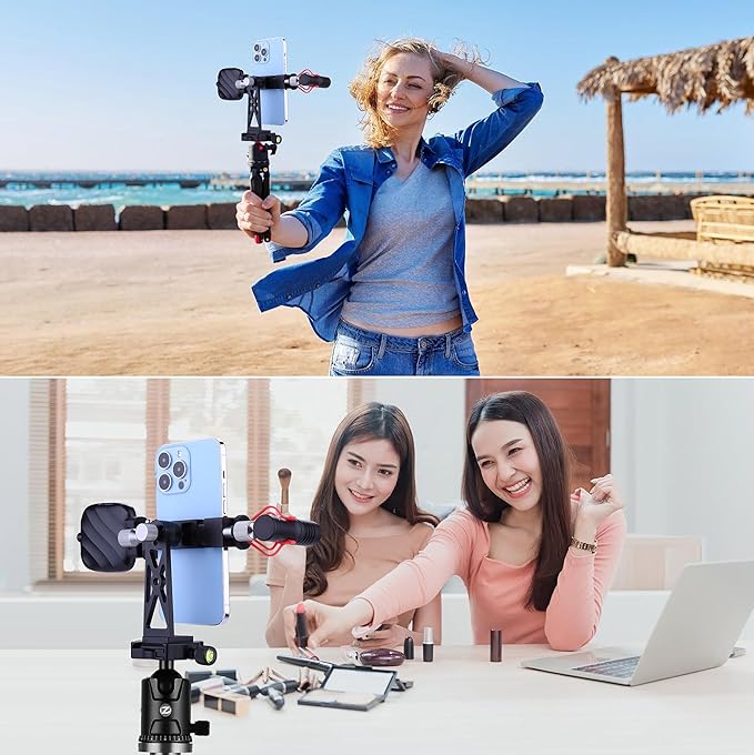 Peastrex Metal Phone Tripod Mount Extra Deep Clamp with Arca Port Cold Shoe 360°Ball Head Cellphone Tripod Adapter for iPhone Galaxy Smartphone Stand Holder for Vlogging Video Camera Monitor