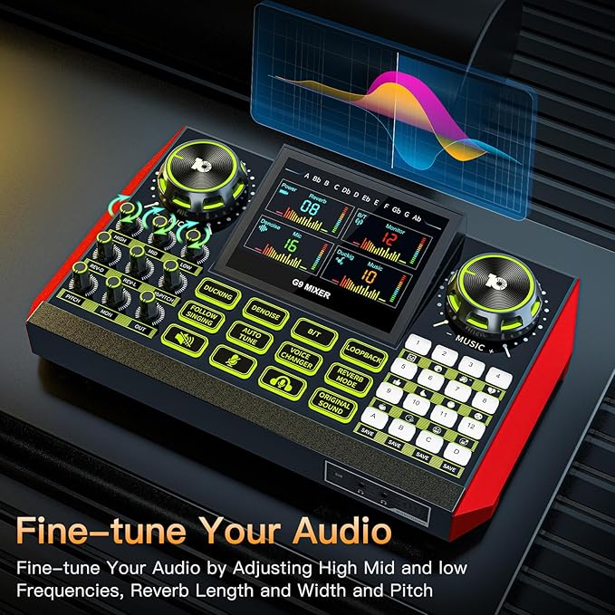 Audio mixer, suitable for live streaming, singing, and gaming on computer/phone; soundboard for 3.5mm condenser microphone; podcast mixer with live sound card, noise reduction, and one-touch mute