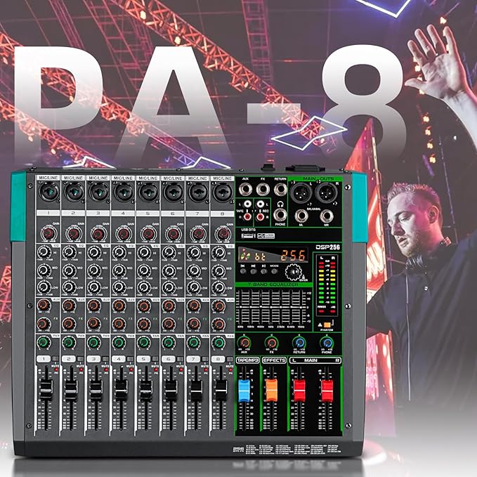 Depusheng PA8 Professional Audio Mixer Sound Board Console Desk System Interface 8 Channel Digital USB Bluetooth MP3 Computer Input 48V Phantom Power Built-in 256 Reverb Effect, Black