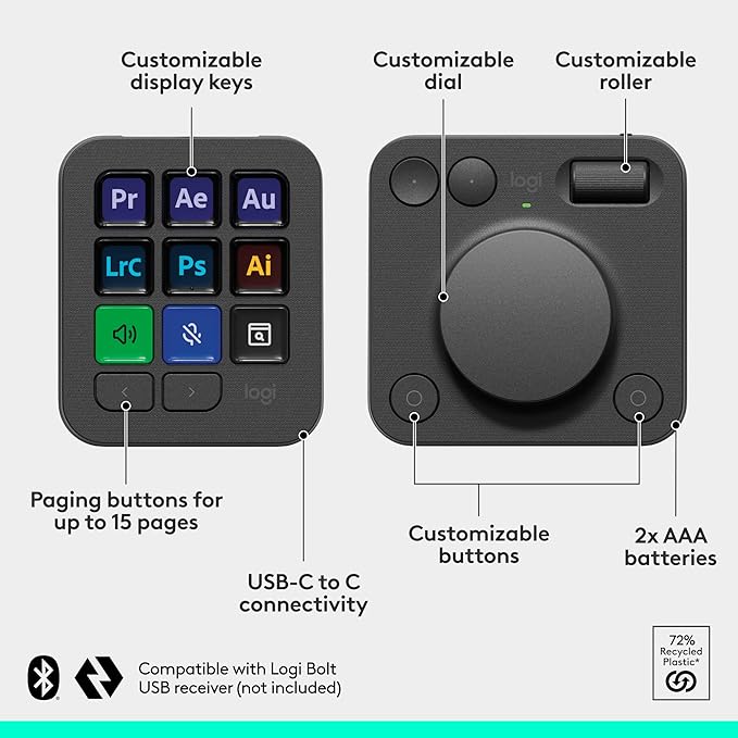 Logitech MX Master 3S Wireless Mouse Standard Edition with Logi Bolt USB Receiver + MX Creative Console: Mouse, Programmable Keys and Dial for Graphic Design, Video Editing, Adobe and More - Graphite