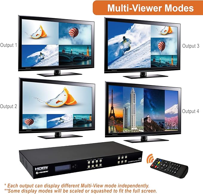 J-Tech Digital 4k 2x2 4K60Hz HDMI Video Wall Controller Multiviewer Seamless Switch Matrix | 4K60Hz Input and 4K30Hz Output, Supports HDMI, HDCP, RS-232, LAN, Downscale & Upscale, Web Control