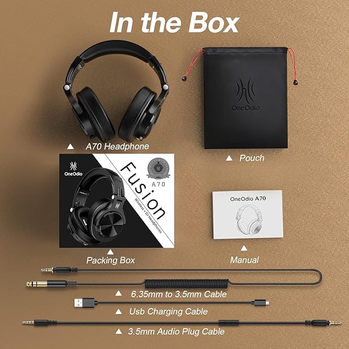 OneOdio A70 Bluetooth Over Ear Headphones, Wireless Headphones with 72H Playtime, Hi-Res, Built-in Mic, 3.5mm/6.35mm Wired Audio Jack for Studio Monitor & Mixing DJ Guitar AMP, Computer Laptop PC