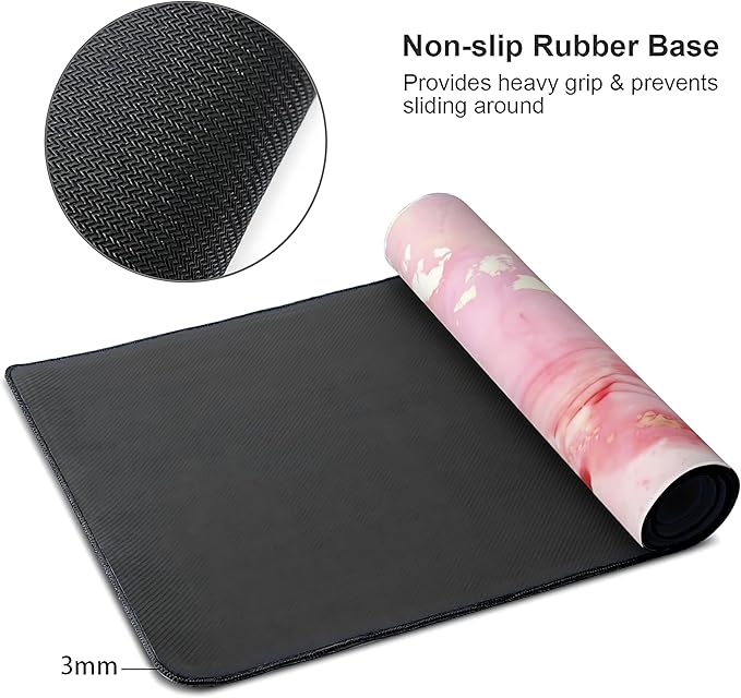 Cute Pink Marble Large Mouse Pad,Gaming Keyboard Desk Pad,Extended Mouse Mat Non-Slip Rubber Base with Stitched Edges for Office Game Home XXL 35.4"x15.7"