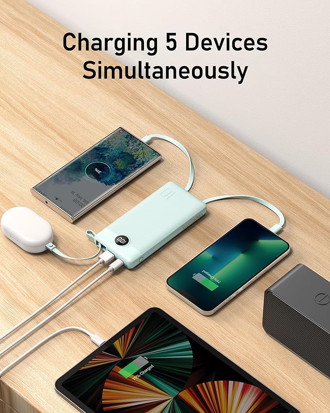 VEEKTOMX Portable Charger with Built-in Cables 10000mAh Power Bank for iPhone Slim Fast Charge USB C Battery Pack Travel Essentials Powerbank Compatible with iPhone, Samsung, Android, etc