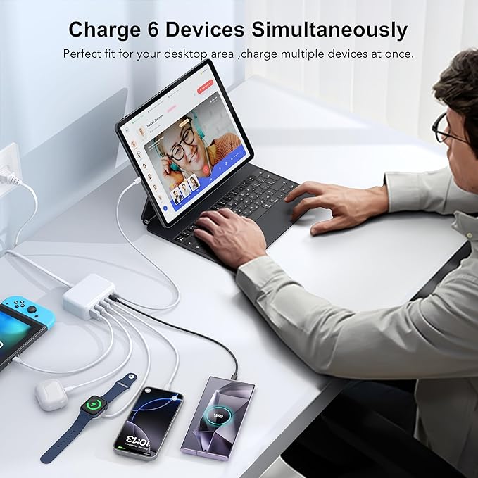 USB C Fast Charger, 100W GaN 6 Port Type C Charging Station Hub Block Cube, USB C Wall Charger Power Strip Adapter Plug for iPad iPhone 16 15 14 13 12 Pro Max Pixel Note Galaxy, 5ft Cord