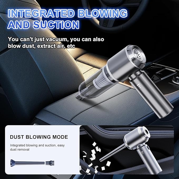 4-in-1 Cordless Handheld Vacuum, Portable Car Vacuum Detailing Kit, Compact Vac with Crevice Tool & Brushless Motor, Type-C Charge, 16000Pa Suction Power for Car, Office Desk, Keyboards, Home