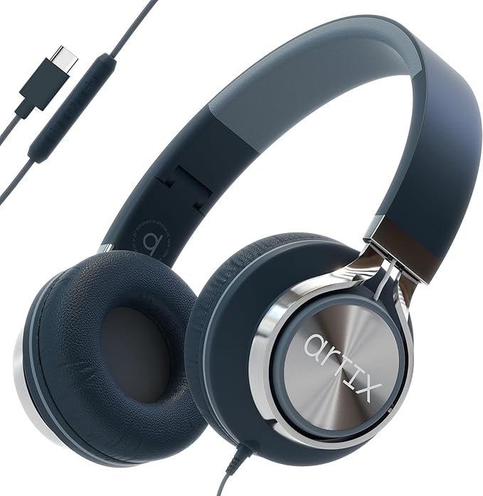 ARTIX CL750 USB C Wired Headphones with Mic & Volume Control Noise Isolating for iPhone 15-16, Samsung Computer Earphones Wired, On-Ear with Wire, Plug in and Play