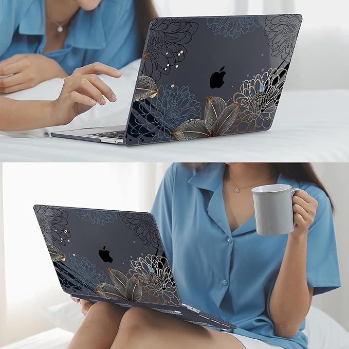 Mektron for MacBook Air 13 Case A1466/A1369 (2010-2017 Release), Snap-on Plastic Hard Shell Cover for MacBook Air 13.3 inch with Keyboard Cover, Line Chrysanthemums