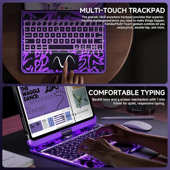 Transparent Case with Keyboard for 2024 iPad Pro 13 inch (M4), iPad Pro 13,7-Color Backlit,Magic Wireless Keyboard, 360°Rotating,Multi-Touch trackpad,Pencil Holder,with Shortcuts,Purple