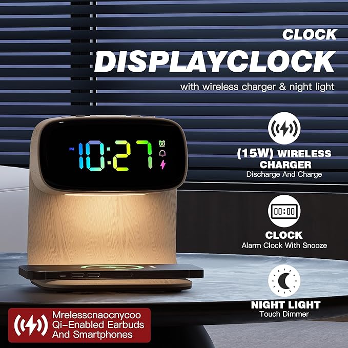 Digital Alarm Clock with Wireless Fast Charging Station 15W Touch Smart Lamp for Bedside,3 Colors Nightlight Adjustment Night Lamp for Living Room,Bedside,Heavy Sleepers (Woodgrain+Cable&Adapter)