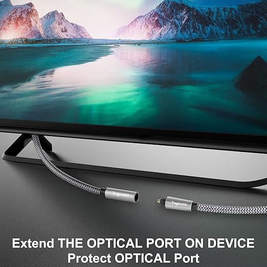 Optical Extension Fiber Digital Cable Adapter 4 Feet（2 Pack）, 90 Degree Right Angle & Straight Male to Female Coupler, Toslink Audio Cable, Nylon Braided for Home Theater, Soundbar, TV and More