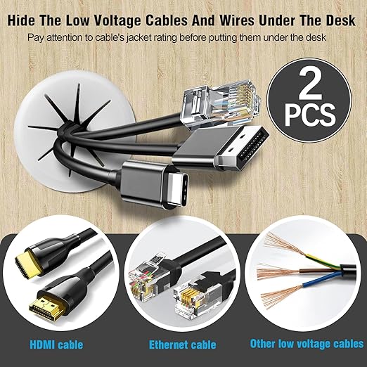 2-3/8" White Desk Grommet, JTemgle Flexible Cable Grommet Rubber Cable Hole Cover Wire Organizer Caps Desktop Cord Management for Home Office TV Stands Tabletops, 2 Pieces