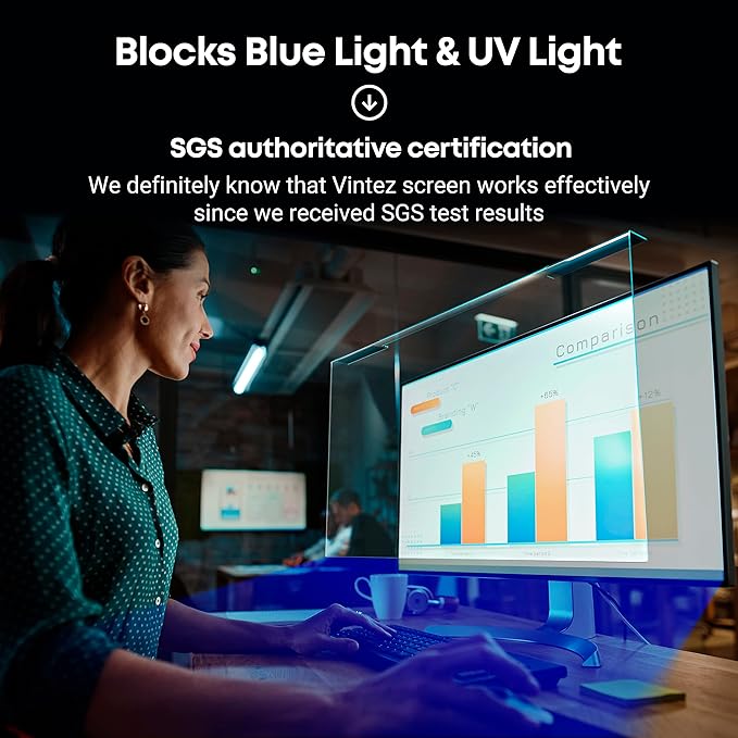 VINTEZ Blue Light Screen Protector for 22 Inch Computer Monitor and Laptop – Anti-UV Blue Light Blocking Film for Desktop PC, Eye Protection Filter, 19.2" x 12.4", 1 Pack