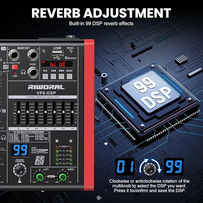 8 Channel Audio Interface Sound Board Mixing Console XLR 1/4 inch Jack USB Bluetooth Echo Delay Effect, Input 48V Phantom Power Stereo DJ Mixers for Podcasting