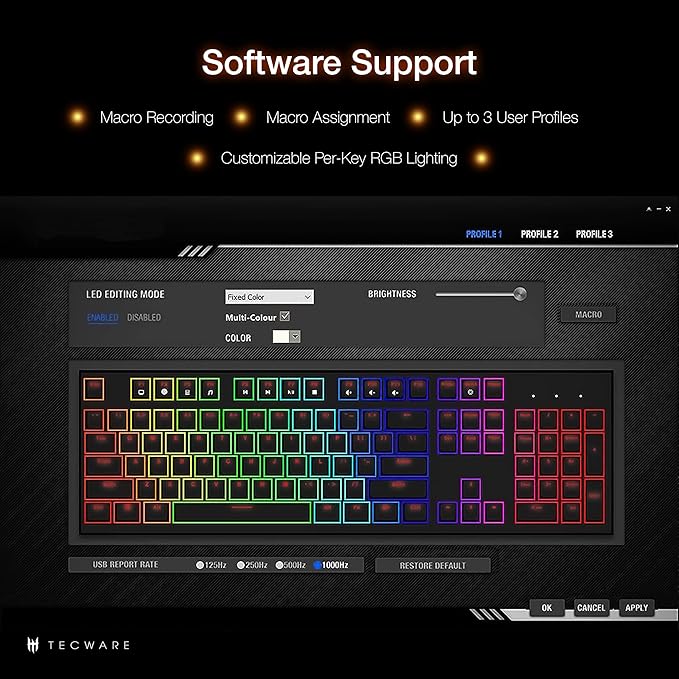 TECWARE Phantom+ 87 Key Mechanical Gaming Keyboard, RGB led, TKL 75% Keyboard, Thocky Sounding, Wraith Red Switch