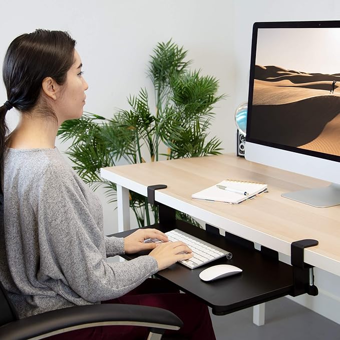 Mount-It! Under-Desk Keyboard Tray, Slide-Out Clamp-On Keyboard and Mouse Drawer, 26.4" W x 11.8" D Ergonomic Retractable Platform for Typing, No-Drill Installation, Black