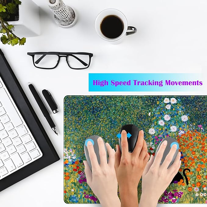 Desk Pad Cute Black Cat Oil Painting Art Floret Desk Mat Office Desk Decor Large Mouse Pad Gaming, XL Mousepad Women Office Desk Decor Laptop Keyboard Mouse Pads with Stitched Edges Mat 31.5x15.7 in