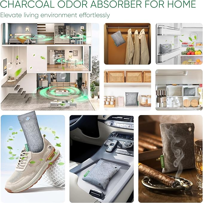 Activated Charcoal Odor Absorber, Large 500g w Hooks Nature Odor Remover for Strong Odor, Bamboo Charcoal Air Purifying Bags, Odor Eliminator for Home Car Closet Pet, Smoke Deodorizer