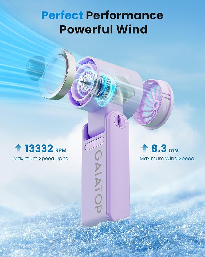 Gaiatop Portable Handheld Mini Fan, 21 Working Hours 6 Speeds, Rechargeable Battery Operated, 180° Foldable with LED Display, Small Desk Personal Fan for Women Gifts Travel, Working- Purple