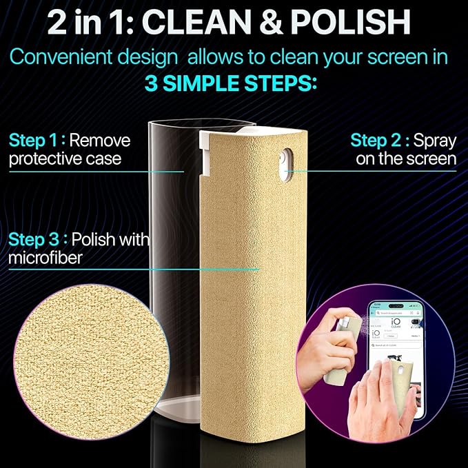 Mini Screen Cleaner Spray – Finger Proof Screen Cleaner for Smartphones, iPads, MacBooks, Laptops, Car Screens, Touchscreens – 3in1 Mist Cleaner, Microfiber Cloth and Cover (Dark Green)