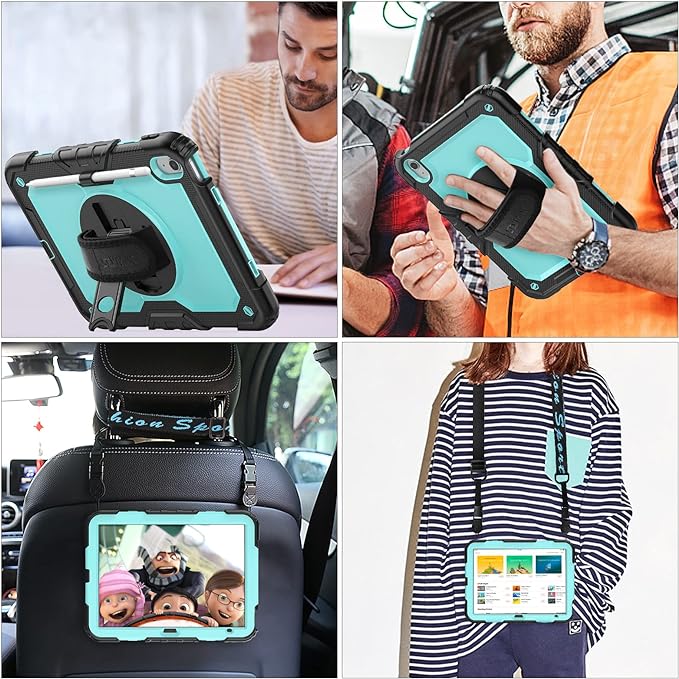 SEYMAC stock Case for iPad (A16) 11th/10th Generation 11''/10.9'' 2025/2022, Full-Body Drop Protection Case with Screen Protector &360° Rotate Hand Strap/Stand, Brightblue+Black