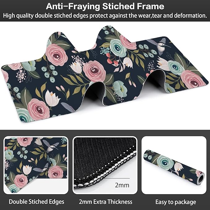 Colorful Flowers and Birds Desk Mat,Large Spring Floral Bird Gaming Keyboard Mouse Pad,Non-Slip Rubber Base Desk Pad Thick Stitched Edges Waterproof Mousepad Mouse Mat 31.5"x11.8"
